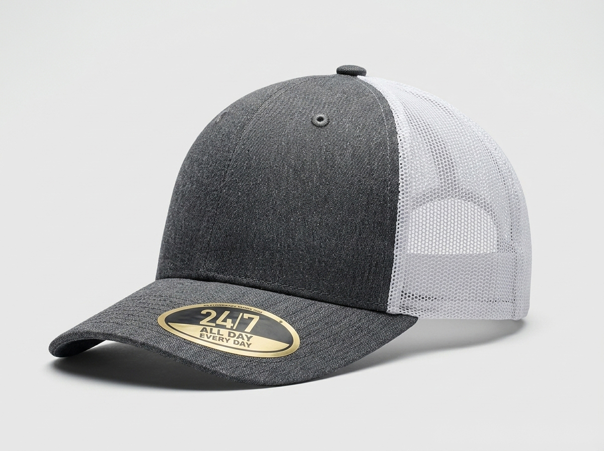 24/7 charcoal and white mesh trucker cap, three-quarter view on grey - e-commerce packshot by Fisheye Studio Toronto