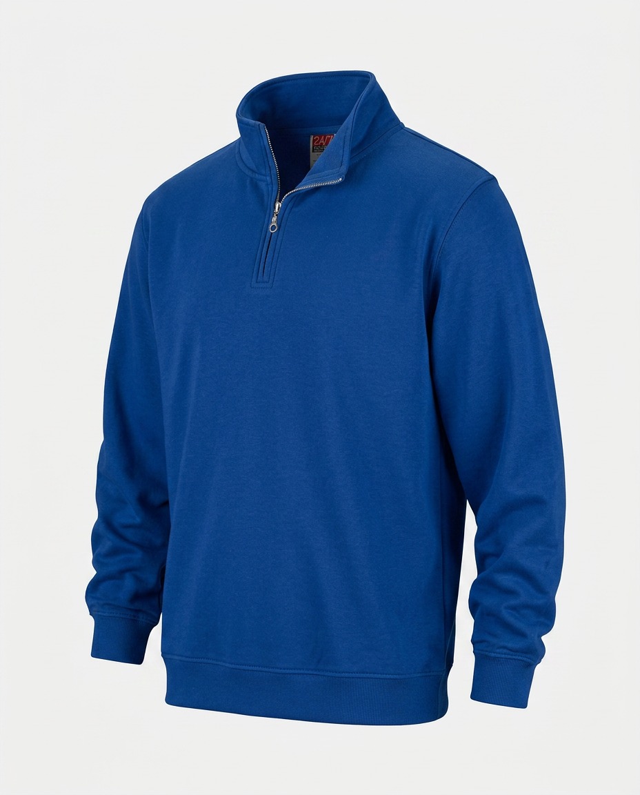 24/7 royal blue quarter-zip sweatshirt, invisible mannequin packshot on white by Fisheye Studio Toronto