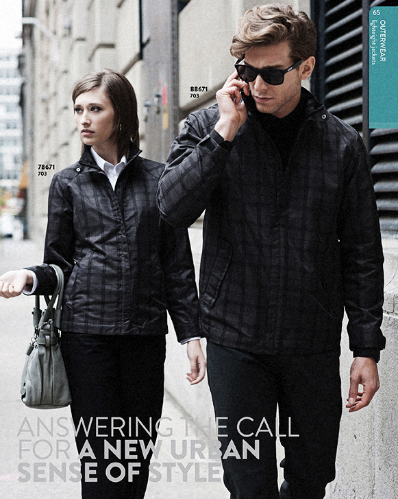 Ash City plaid lightweight jackets on two models downtown - outerwear catalog page by Fisheye Studio Toronto