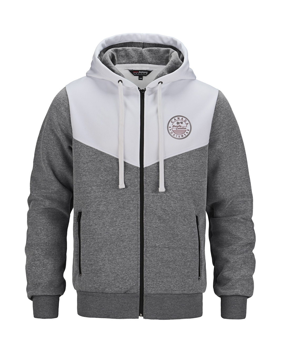 Canada Sportswear grey and white zip hoodie: finished invisible-mannequin packshot on white next to the raw capture on a mannequin form, same garment - e-commerce photography by Fisheye Studio Toronto