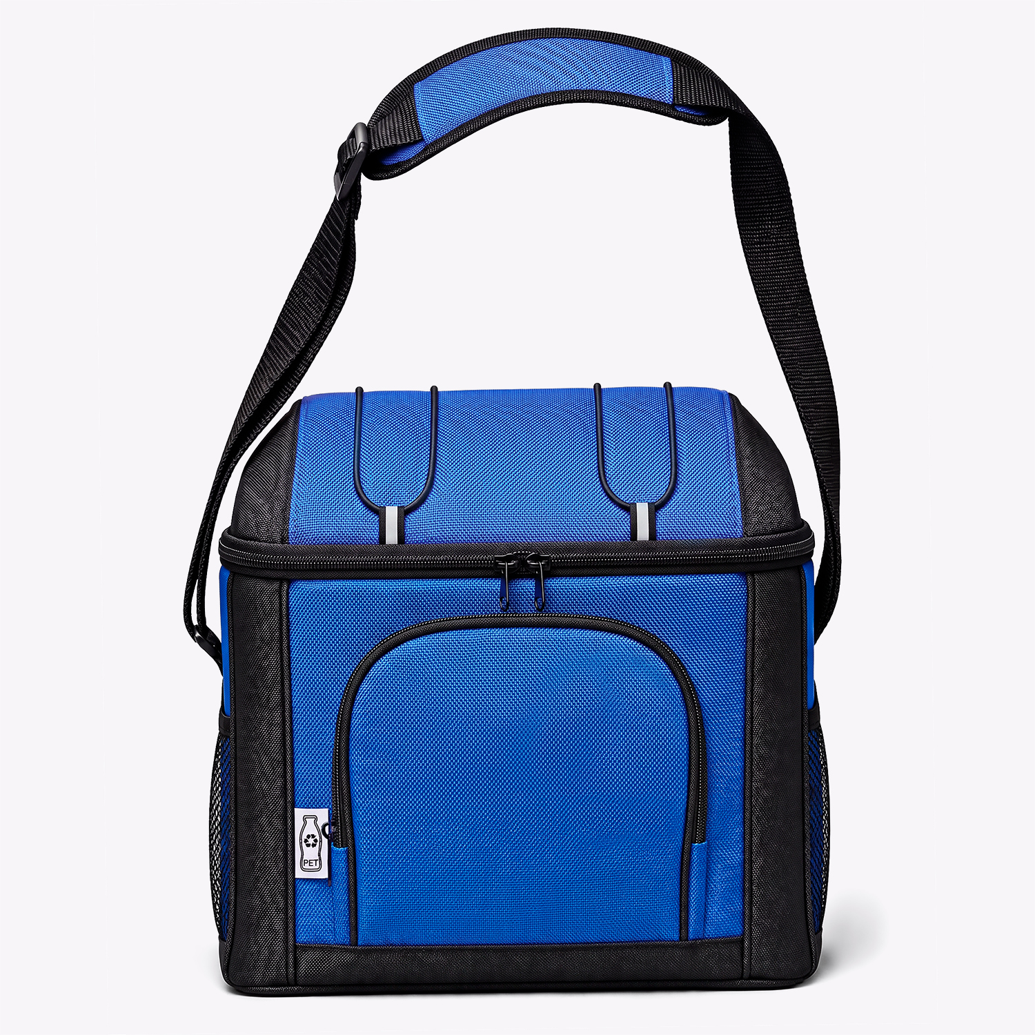 Ecorite blue insulated cooler bag with shoulder strap, front view on white - e-commerce packshot by Fisheye Studio Toronto